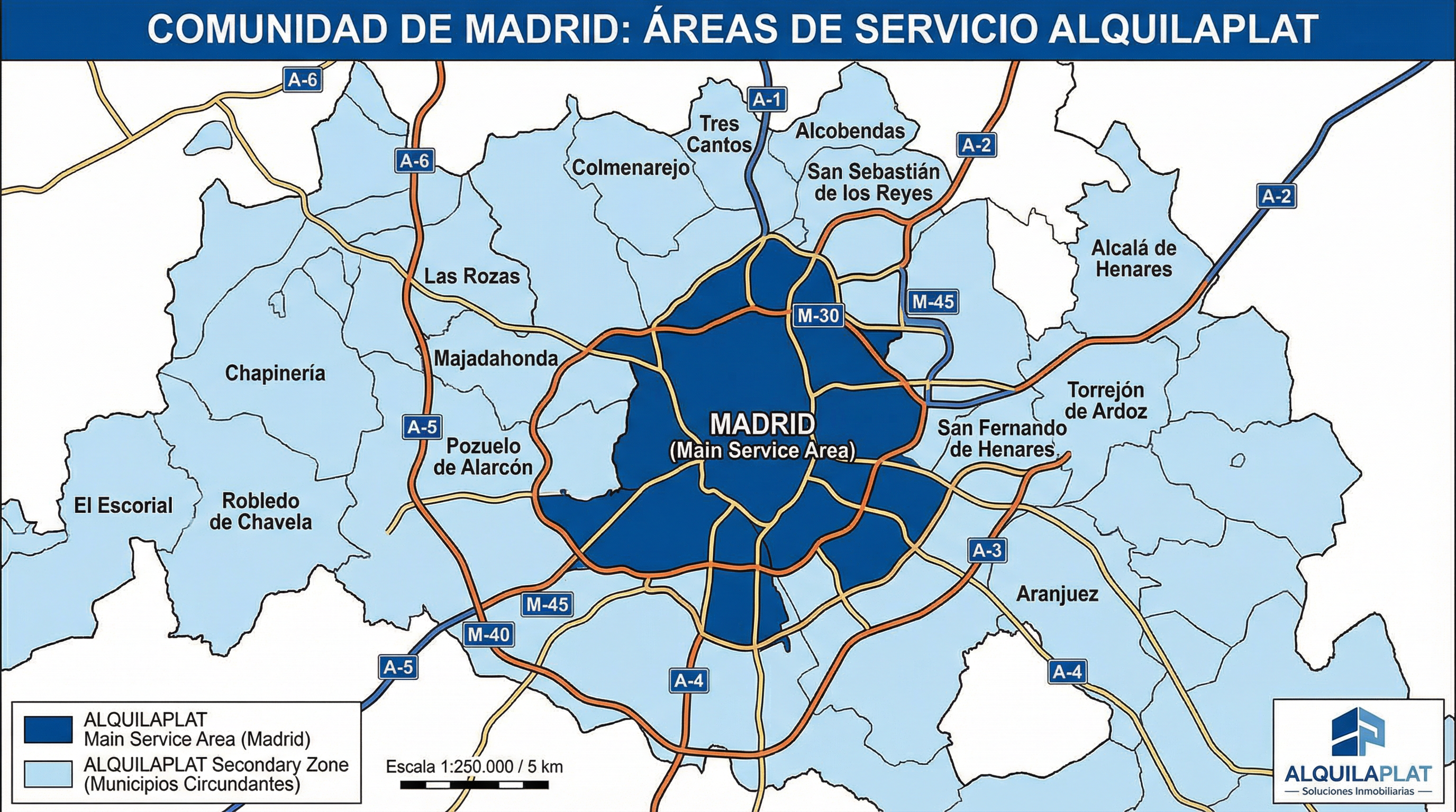 Mapa de cobertura ALQUILAPLAT en la Comunidad de Madrid